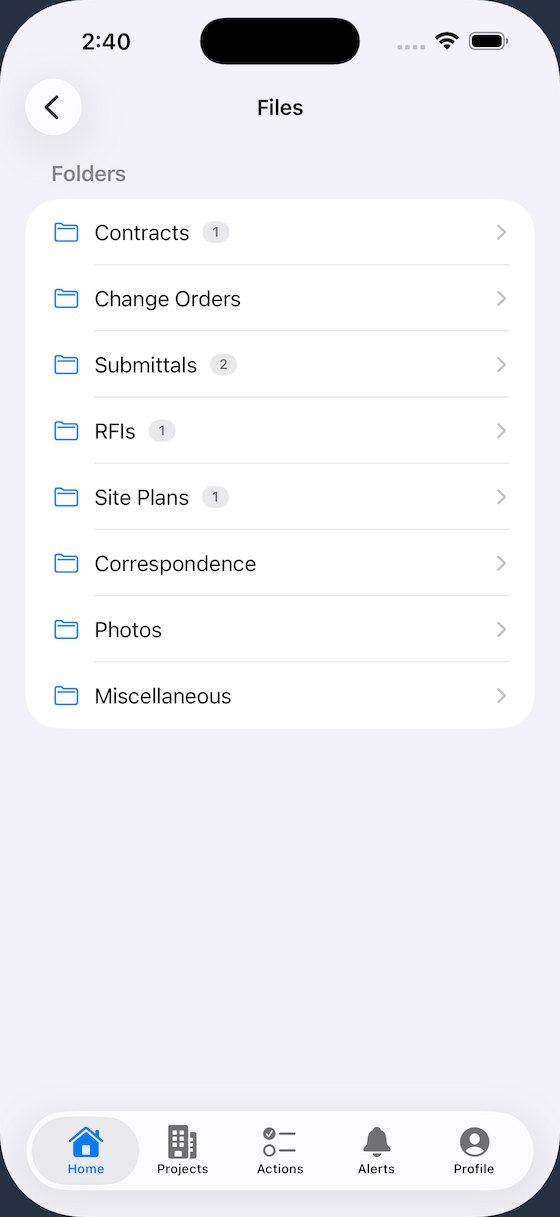 Project files browser with folders for contracts, change orders, submittals, RFIs, site plans and photos